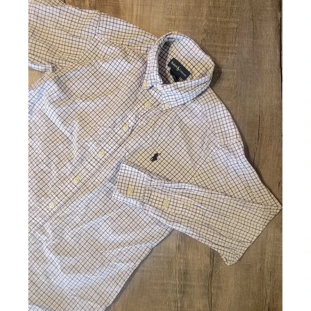Ralph Lauren Boys Blue White Tattersall Check Button Down Shirt M 10-12 Cotton